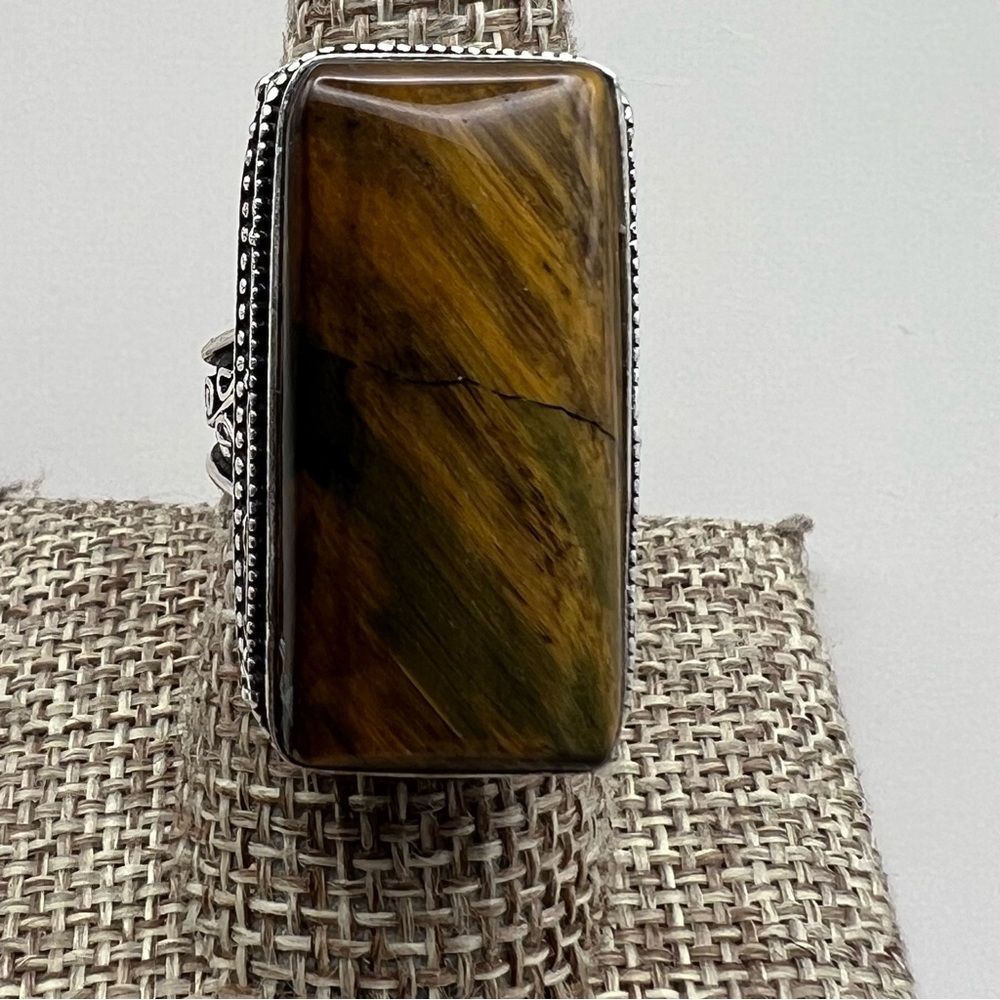 New Tiger’s Eye Gemstone Silver Overlay Vintage Style Ring Size 8